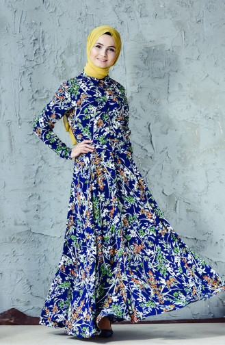 Flower Patterned Dress 0054-01 Navy Blue 0054-01