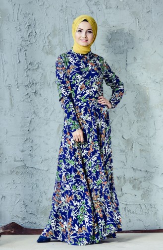 Flower Patterned Dress 0054-01 Navy Blue 0054-01