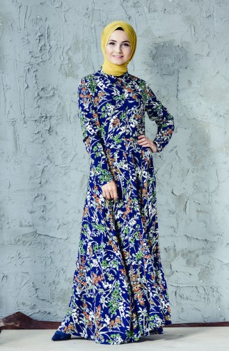 Robe a Motifs Fleurs 0054-01 Bleu Marine 0054-01