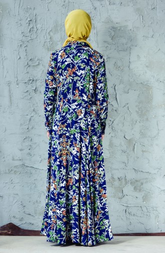 Flower Patterned Dress 0054-01 Navy Blue 0054-01