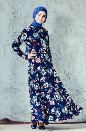 Flower Patterned Dress 0054A-01 Navy 0054A-01