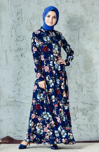 Flower Patterned Dress 0054A-01 Navy 0054A-01