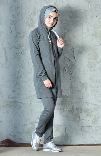 Stone Printed Zippered Tracksuit Suit 01861-04 Gray 01861-04