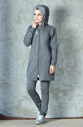 Stone Printed Zippered Tracksuit Suit 01861-04 Gray 01861-04