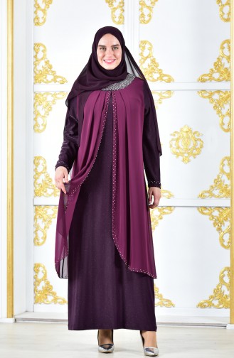 فستان سهرة يتميز بتفاصيل من الؤلؤ بمقاسات كبيرة 3139-02 لون ارجواني 3139-02