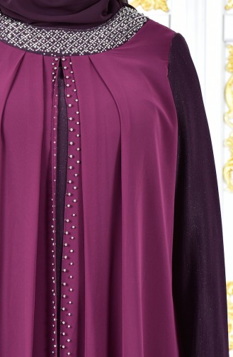 فستان سهرة يتميز بتفاصيل من الؤلؤ بمقاسات كبيرة 3139-02 لون ارجواني 3139-02
