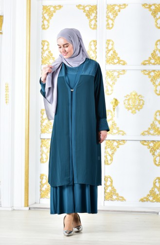 طقم فستان من قطعتين بتصميم مقاسات كبيرة 1041-02 لون أخضر زمردي 1041-02