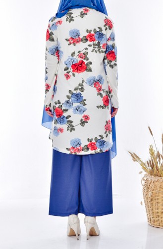 Çiçek Desenli Tunik Pantolon İkili Takım 0277-04 İndigo