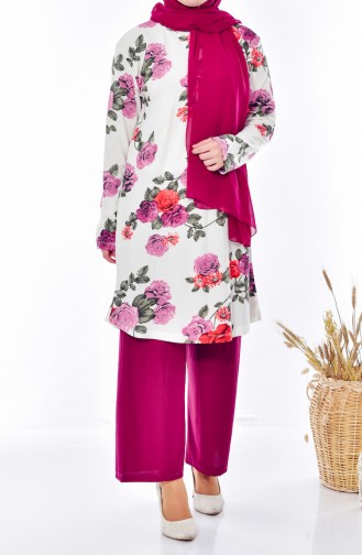 Flower Patterned Tunic Trousers Double Suit 0277-03 Plum 0277-03