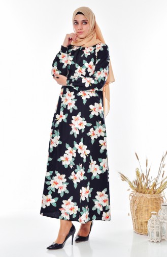 Flower Patterned Dress 0217-01 Black 0217-01
