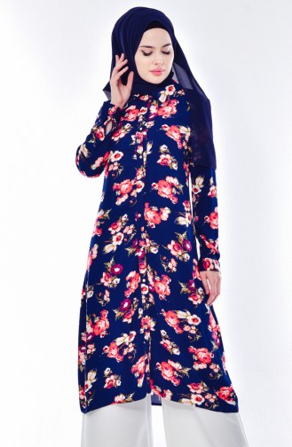 Floral Patterned Tunic 5006-01 Navy Blue 5006-01