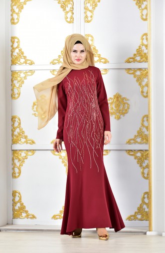 فستان سهرة بتصميم مُطبع باحجار لامعة  6046-05 لون خمري 6046-05