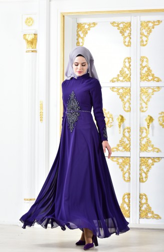 Taşlı Abiye Elbise 6032-05 Eflatun