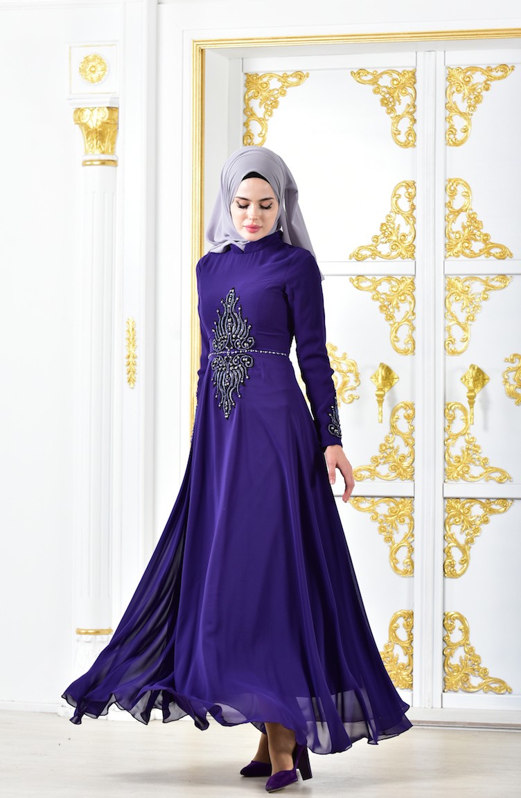 Taşlı Abiye Elbise 6032-05 Eflatun