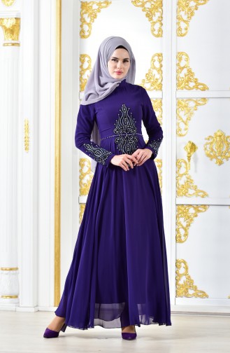 Taşlı Abiye Elbise 6032-05 Eflatun