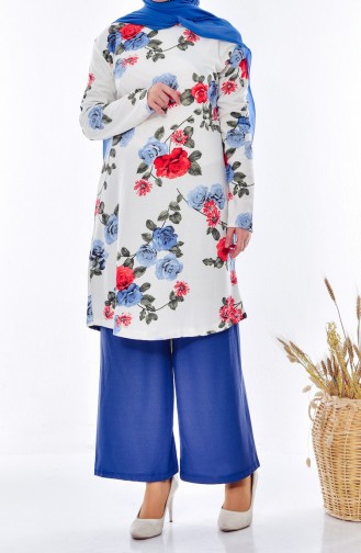 Çiçek Desenli Tunik Pantolon İkili Takım 0277-04 İndigo