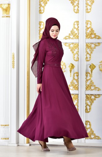 Stone Printed Belted Evening Dress 1011-04 Plum 1011-04