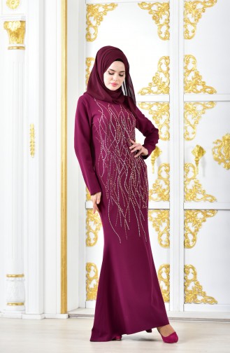 فستان سهرة بتصميم مُطبع باحجار لامعة  6046-08 لون ارجواني 6046-08