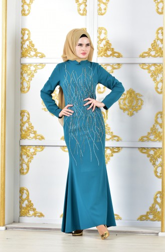 Petrol Hijab Evening Dress 6046-06