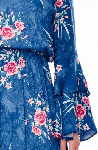 Flower Patterned Dress 60006-01 Petrol 60006-01