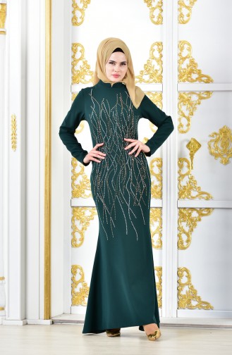 فستان سهرة بتصميم مُطبع باحجار لامعة  6046-04 لون اخضر زمردي 6046-04