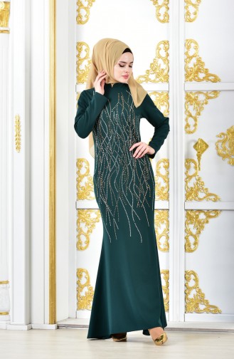 فستان سهرة بتصميم مُطبع باحجار لامعة  6046-04 لون اخضر زمردي 6046-04