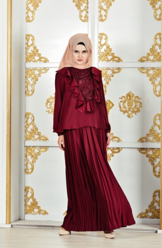 Robe de Soirée Plissée a Dentelle 28378-04 Bordeaux 28378-04