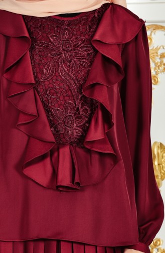 Robe de Soirée Plissée a Dentelle 28378-04 Bordeaux 28378-04