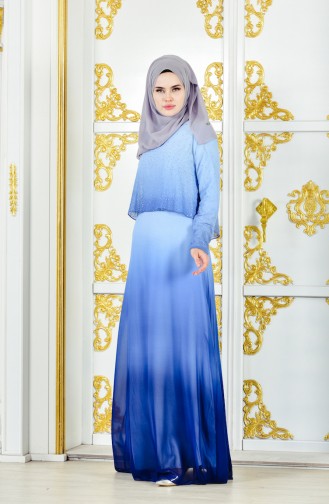 Robe de Soirée Imprimée de Pierre 1014-02 Bleu Glacé 1014-02