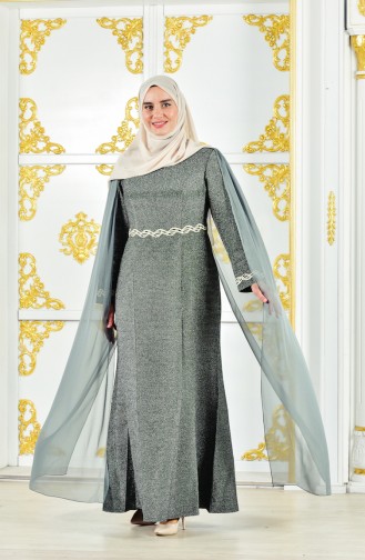 Large Size Caped Silvery Dress 1275-02 Khaki 1275-02