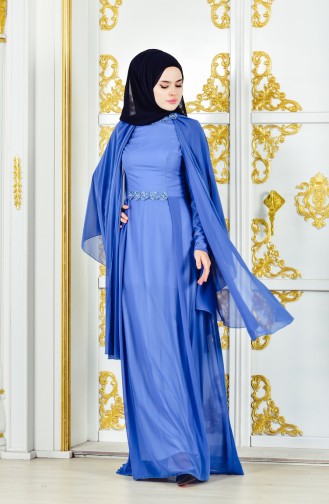 Robe de Soirée Perlées 1002-02 İndigo 1002-02