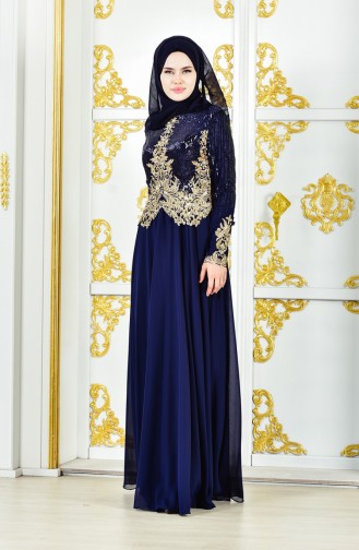 Robe de Soirée a Paillettes 8035-02 Bleu Marine 8035-02