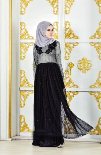 Guipure Evening Dress 31558-01 Silver Black 31558-01