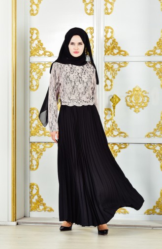 Lace Pleated Evening Dress 1005-03 Black Powder 1005-03