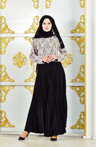 Lace Pleated Evening Dress 1005-03 Black Powder 1005-03