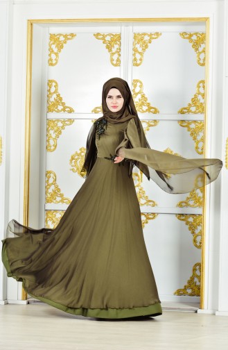 Besticktes Abendkleid mit Spitzen 0159-01 Khaki Grün 0159-01