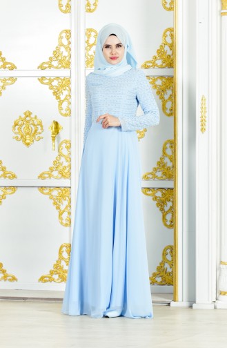 Robe de Soirée Perlées 3134-02 Bleu Bébé 3134-02