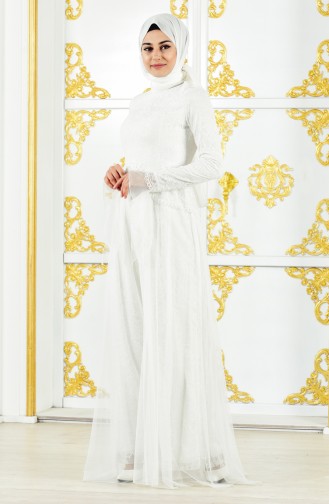 Dantelli Abiye Elbise 11188-01 Beyaz
