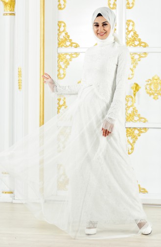 Dantelli Abiye Elbise 11188-01 Beyaz 11188-01