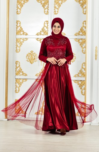 فستان سهرة بتفاصيل مُطرزة بالخرز3146-01 لون خمري 3146-01