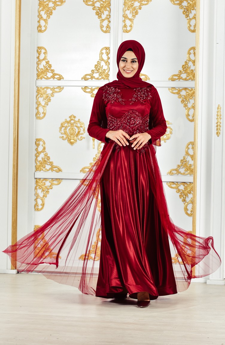 فستان سهرة بتفاصيل مُطرزة بالخرز3146-01 لون خمري 3146-01