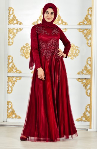 فستان سهرة بتفاصيل مُطرزة بالخرز3146-01 لون خمري 3146-01