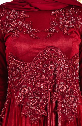 Robe de Soirée Bordée de Perles 3146-01 Bordeaux 3146-01
