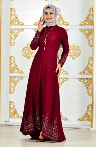 Kolyeli Abiye Elbise 6037-01 Bordo