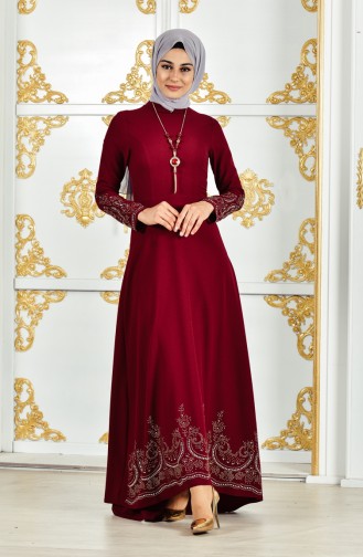Kolyeli Abiye Elbise 6037-01 Bordo