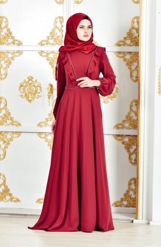 فستان شيفون بتفاصيل من الكشكش 28306-05 لون خمري 28306-05