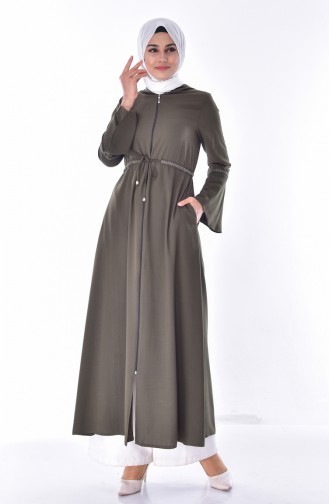 Hooded Zippered Abaya 2523-01 Khaki 2523-01