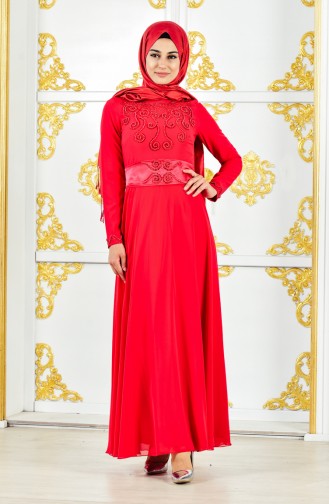 Robe de Soirée Perlées 1002-04 Rouge 1002-04