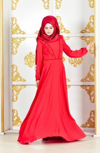 فستان شيفون بتفاصيل من الكشكش 28306-02 لون احمر 28306-02