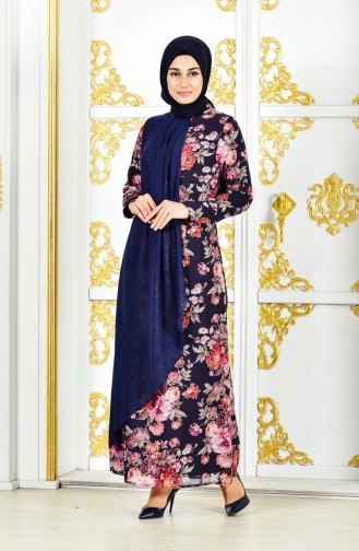 Navy Blue Hijab Dress 4112-02